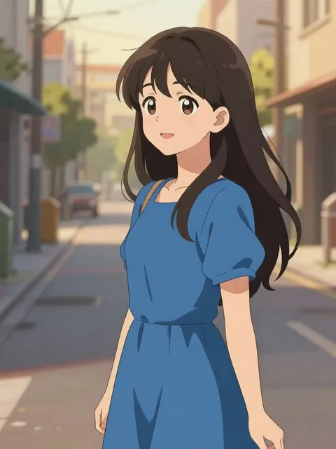 The same anime character with her white dress changed to blue