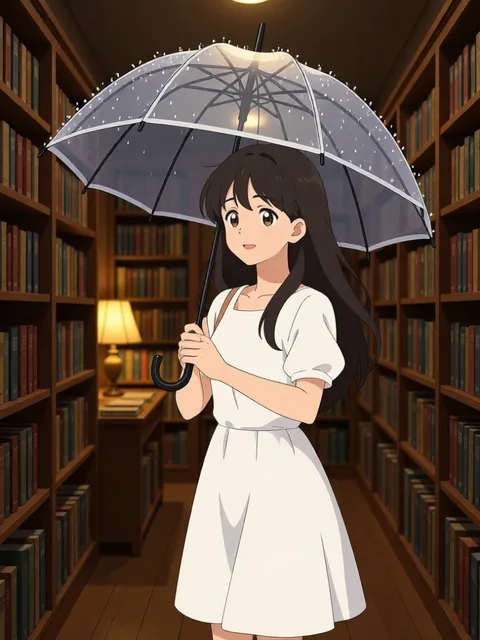 The same anime character holding a rain-covered umbrella in a warmly lit bookshop