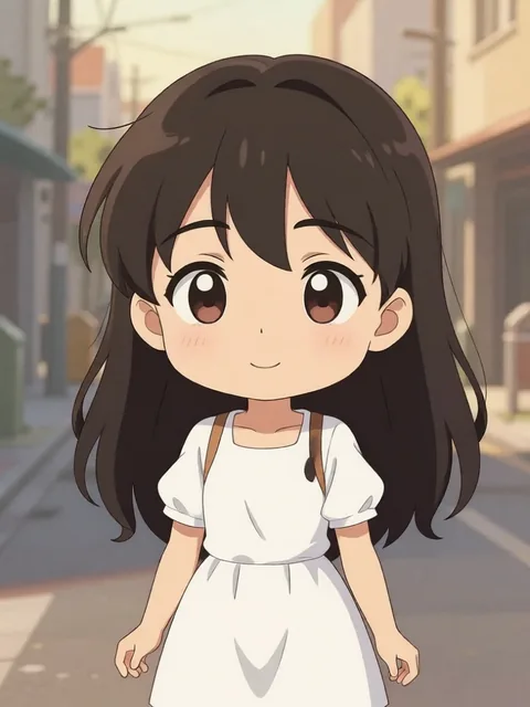 The same character as a front-facing classic chibi in a white dress