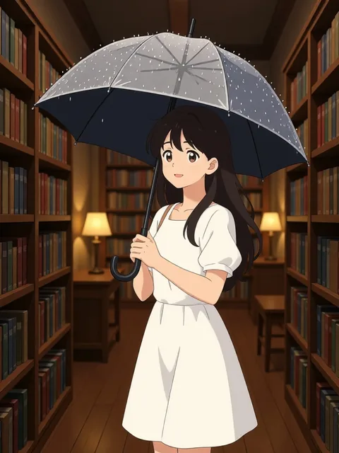 Another next-scene variation of the same character with an umbrella among warmly lit bookshelves