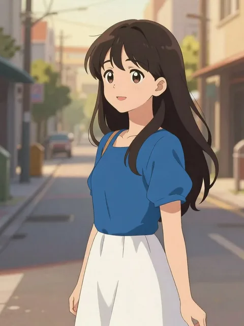 The same anime character wearing a blue shirt and white skirt