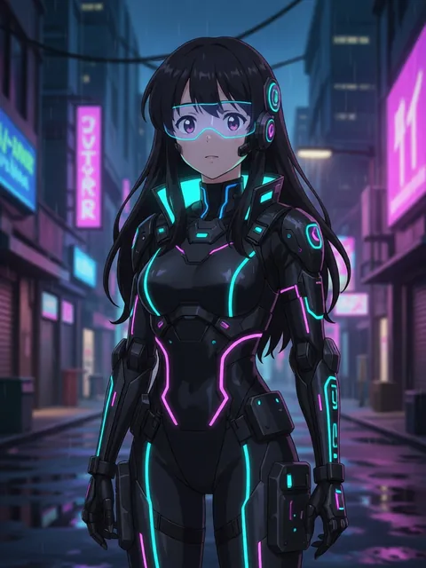 The same anime character in a cyberpunk outfit