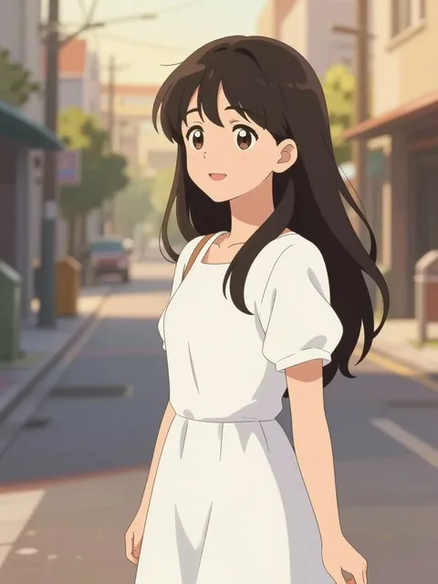 Anime character in a white dress on a city street, the input