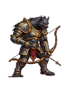 The character holding a bow and arrow, then the same character wearing an armor set