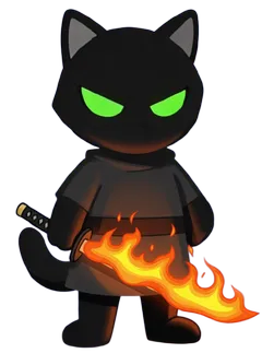 The character holding a samurai sword, then the same sword set on fire