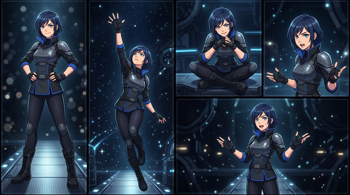 Same anime character shown in 4 different poses: standing, sitting, reaching, and gesturing — organized pose reference library