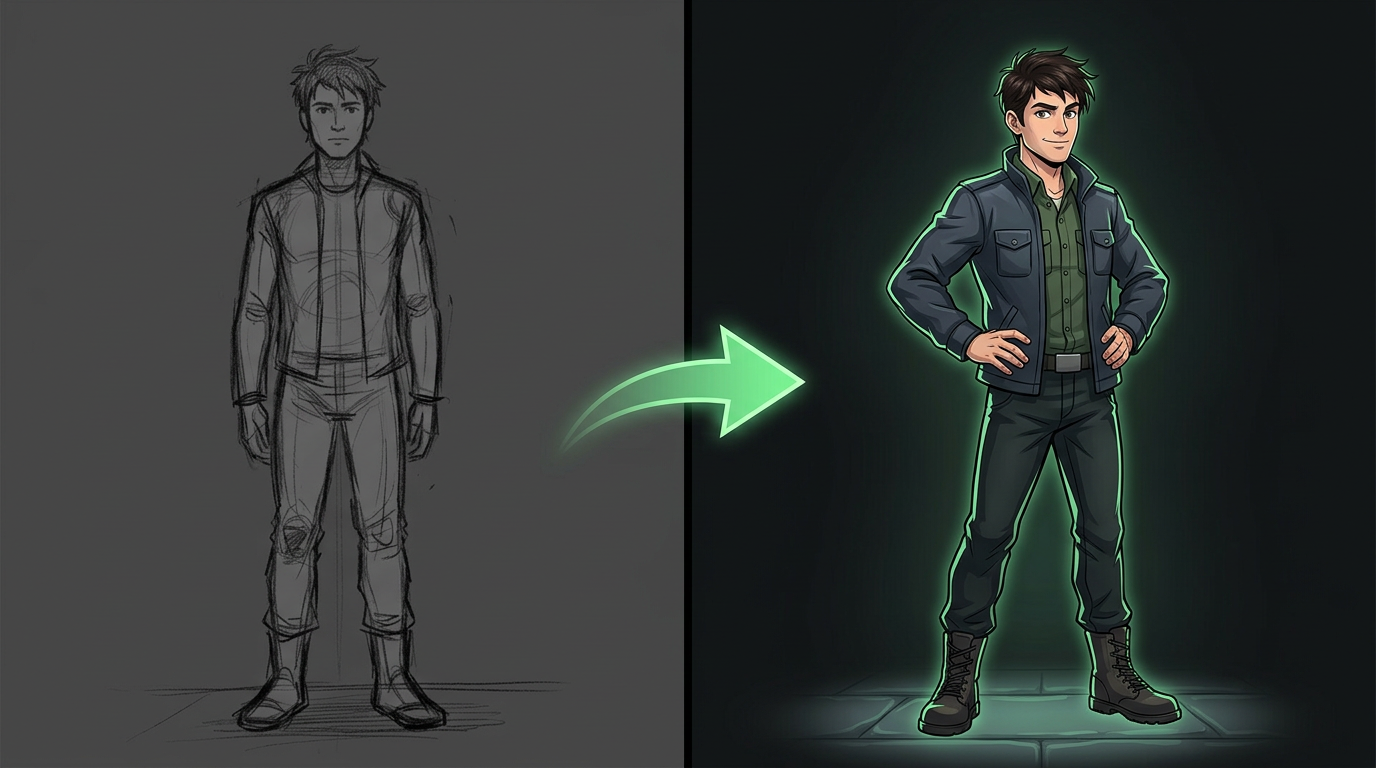 Split composition: rough sketch character on left transforms into polished dynamic illustration on right