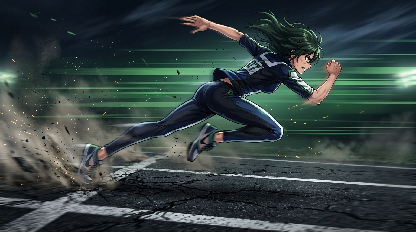 Anime character mid-sprint, body extended, low camera angle — dynamic action pose example