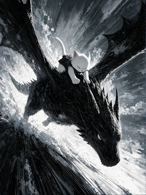 Rider on a black dragon under a grey stormy sky, before the edit
