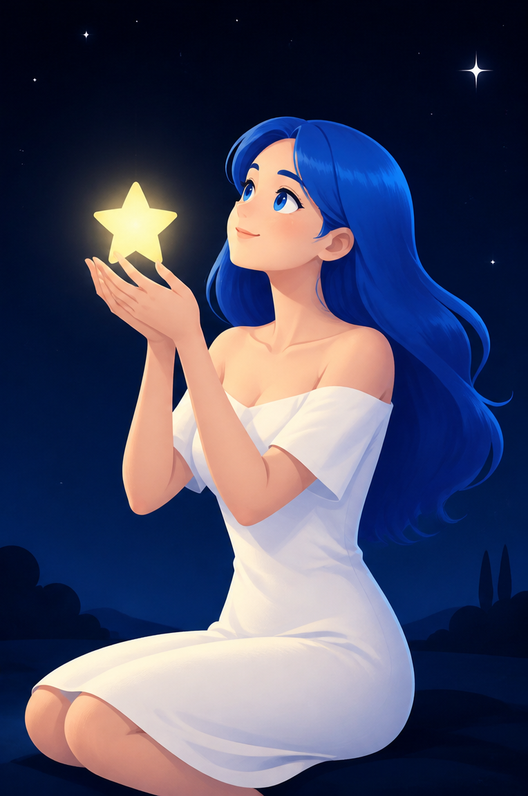 The blue-haired stargazer redrawn as a polished flat illustration, option 6