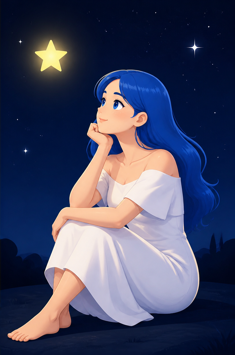 The blue-haired stargazer redrawn as a polished flat illustration, option 8
