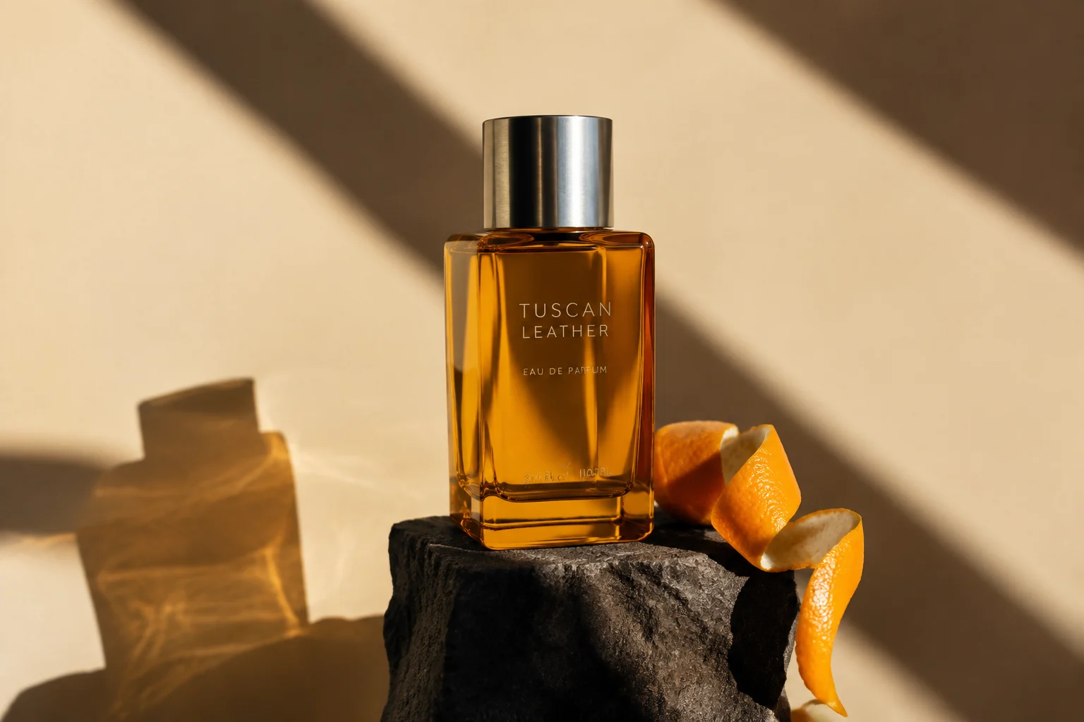 Amber perfume bottle on a dark stone pedestal, with tangerine peel and long shadows against a cream backdrop.
