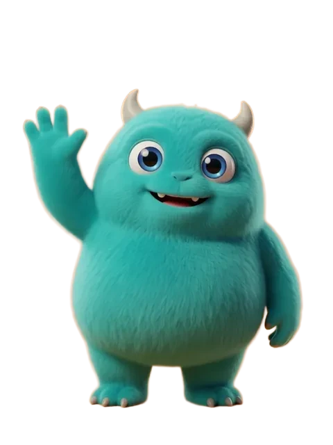 The teal creature standing, then the same creature waving
