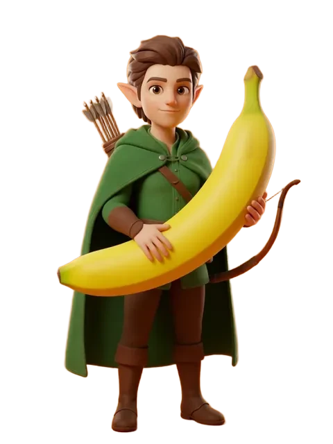 The elf archer, then the same archer holding a banana
