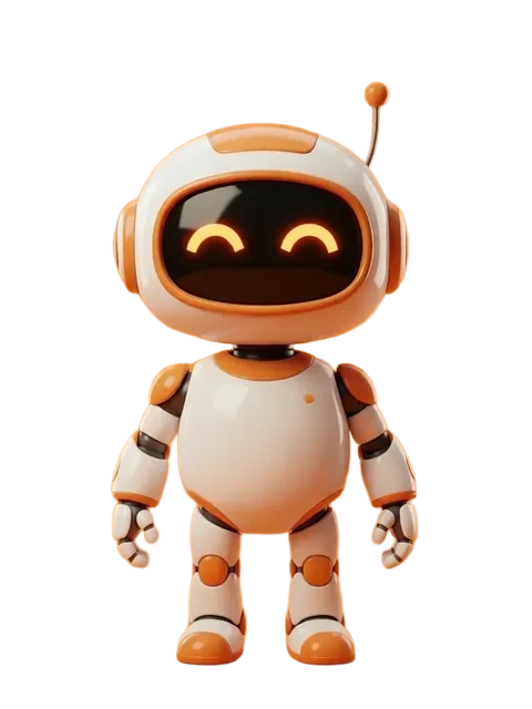 The white robot from the front, then the same robot laughing