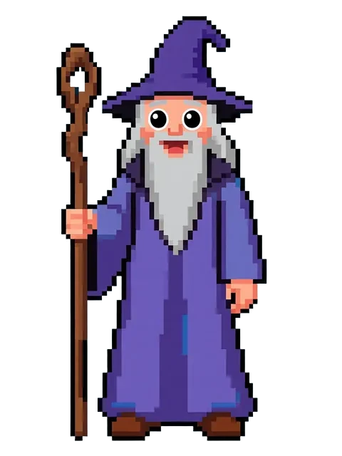 The pixel-art wizard, then the same wizard redrawn as a cartoon
