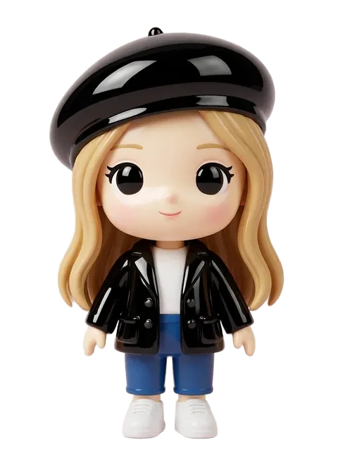 The plushie character standing, then the same character as a chibi figurine
