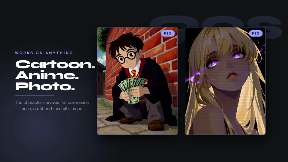 EZ Character style transfer shown across cartoon, anime and photo outputs