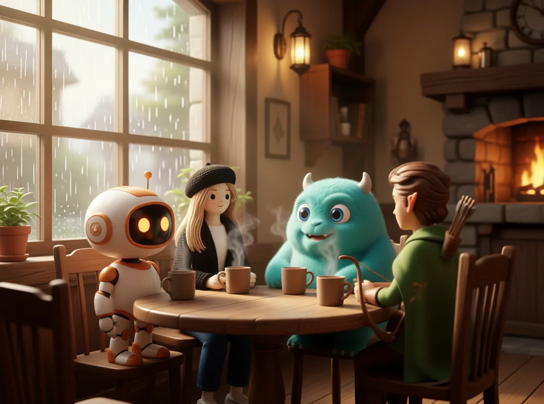 A robot, a crochet-plushie woman, a creature and an elf together in a cozy medieval café — made with the Scene Creator