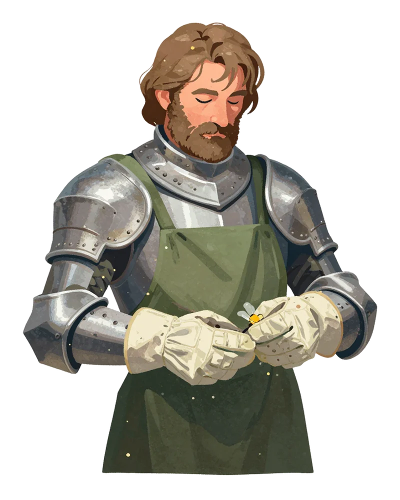 An illustrated knight as a transparent PNG cutout, loose hair and glove seams intact
