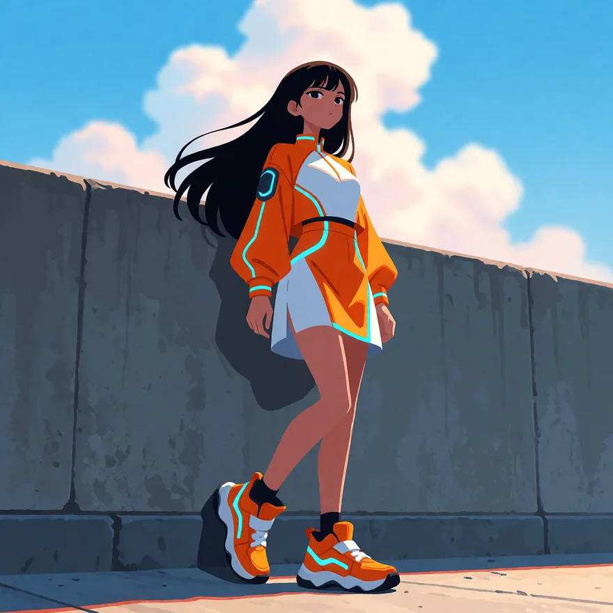 Anime character in orange streetwear against a concrete wall, before background removal
