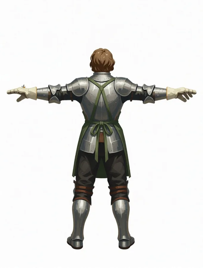 The same figure seen from behind — the back of the hood and the full length of the robe, arms out.